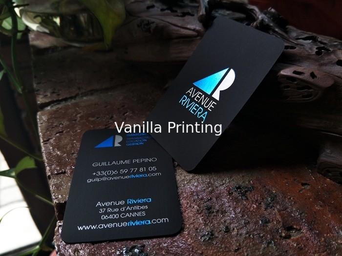 Blue And SIlver Foil Stamped Business Cards Square Rounded Edges For Company